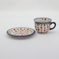 Cup with saucer A44 D139 – hand-painted Bolesławiec pottery with traditional blue-and-white design, elegant for serving coffee and tea.