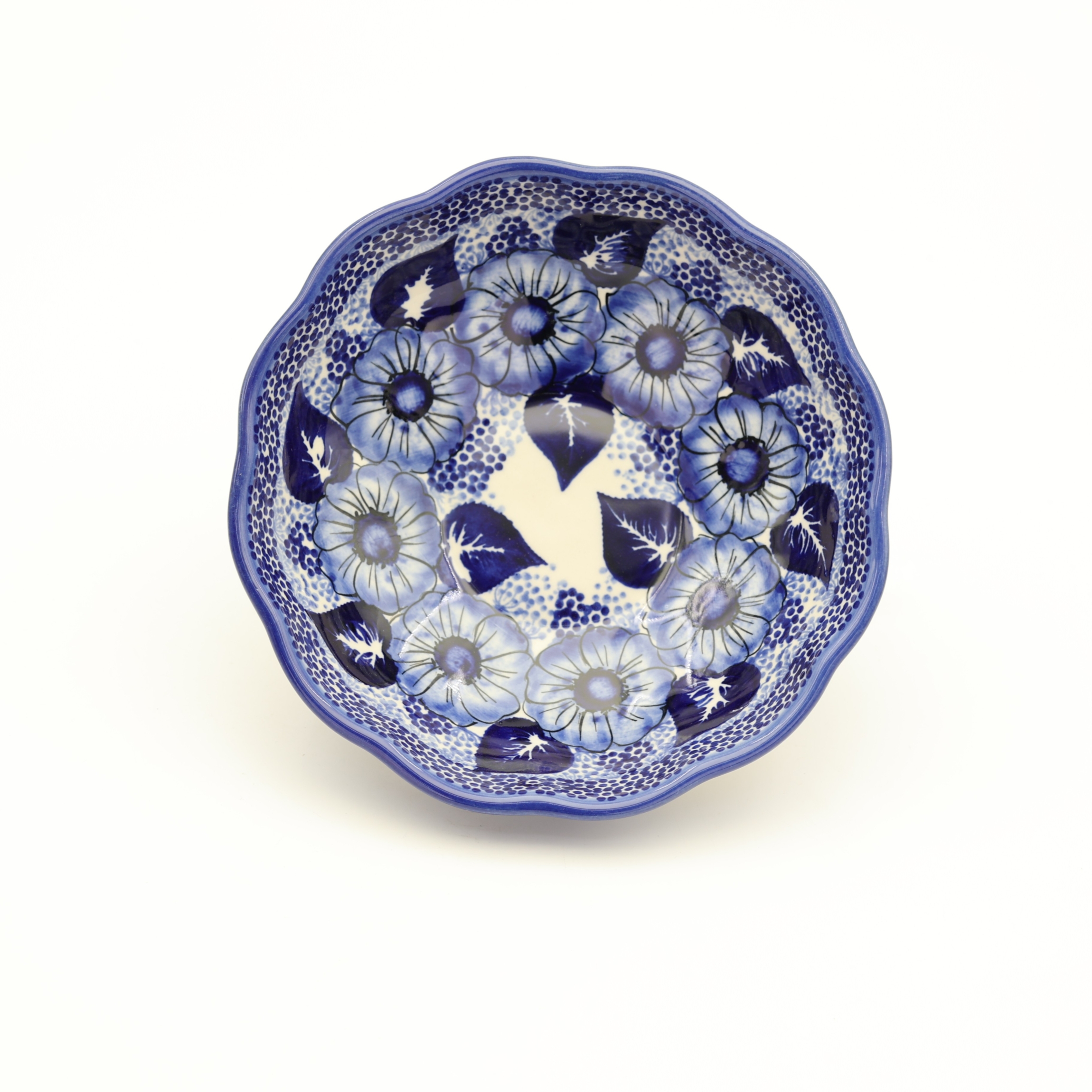 Flower bowl I A266 D108 – hand-painted Bolesławiec pottery in a decorative flower shape with a traditional pattern, perfect for desserts, fruits, and snacks.