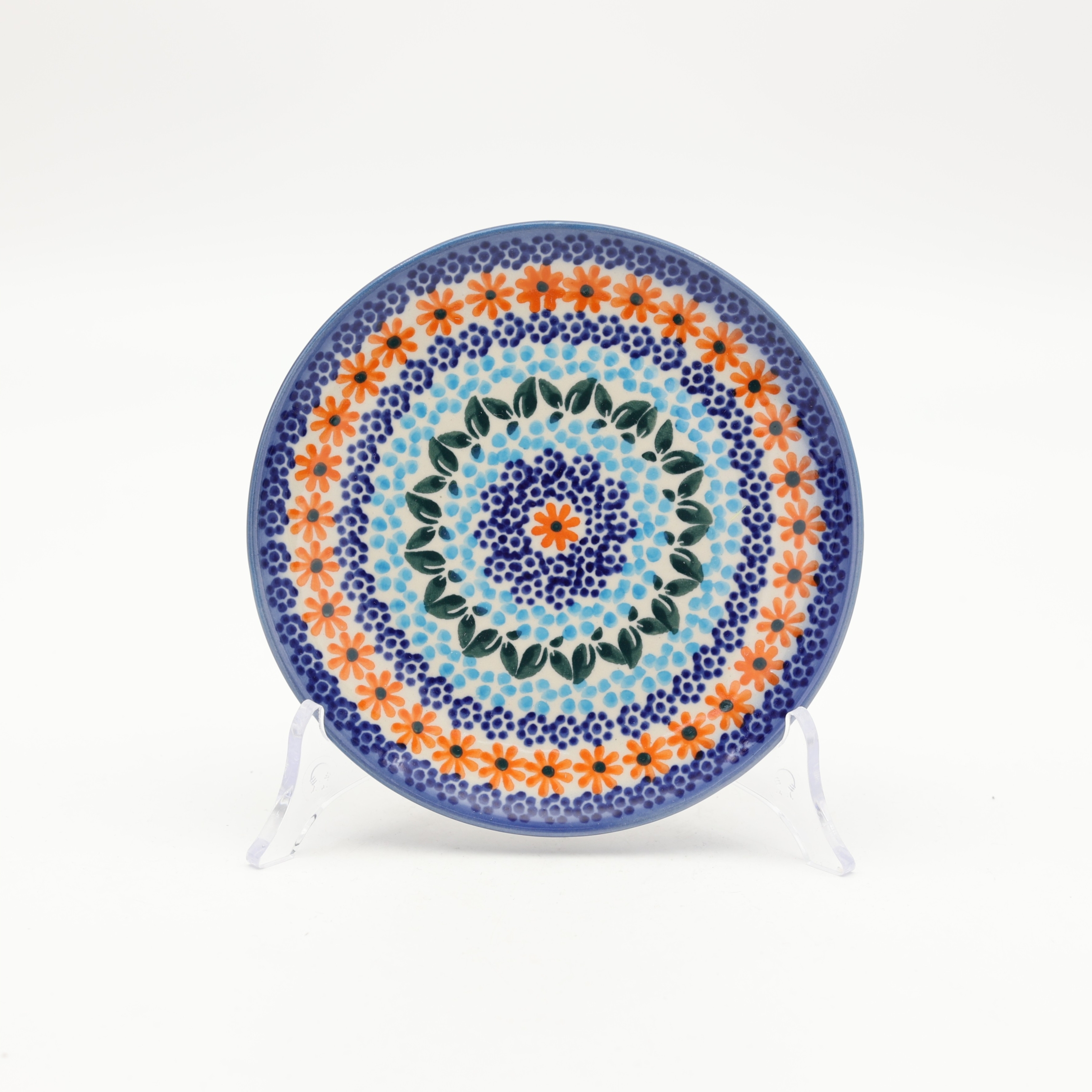 Small dessert plate for cake 16 cm A537 D69 – hand-painted Bolesławiec pottery with a traditional cobalt and green pattern, perfect for serving cakes and desserts.