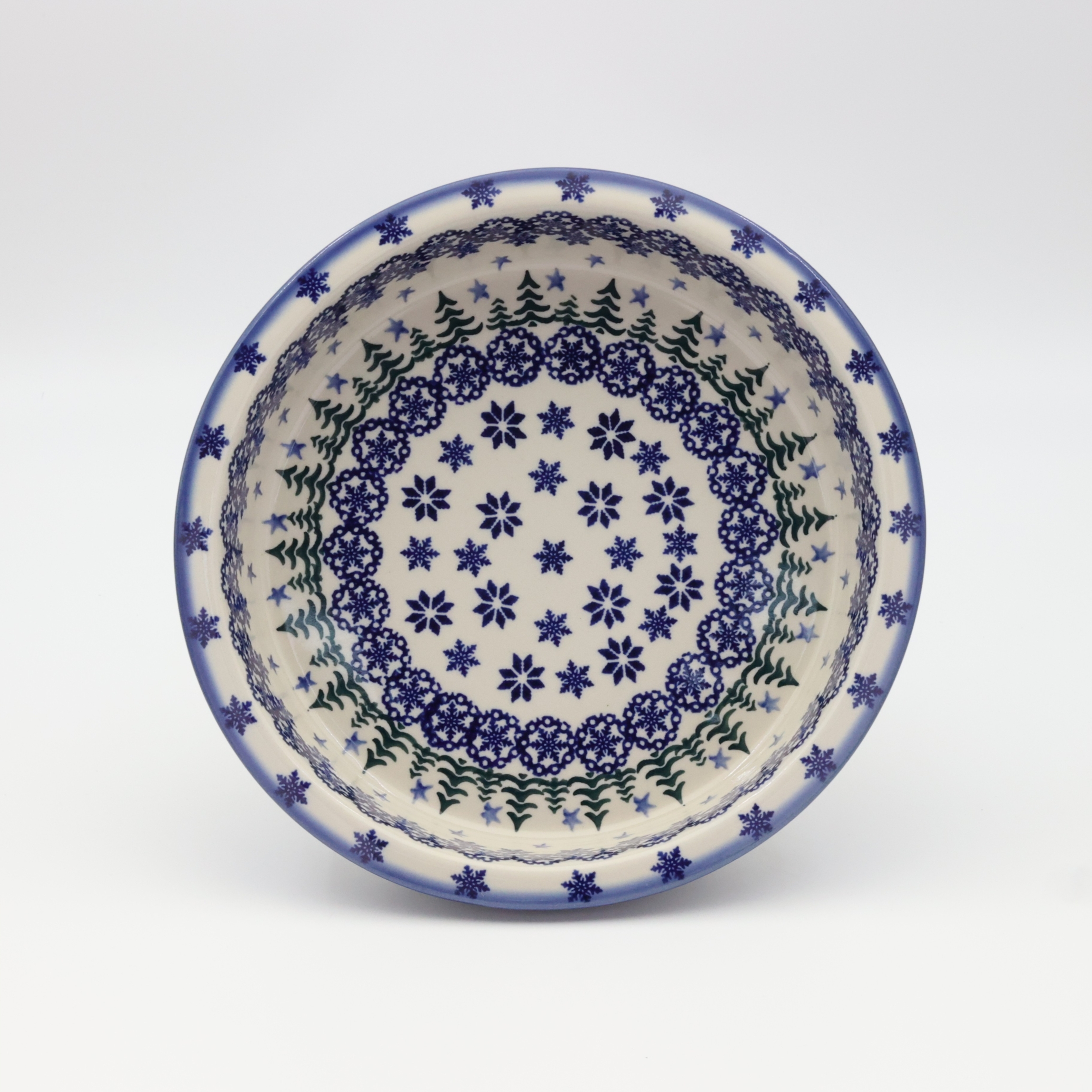 Okrągłe ceramiczne naczynie do zapiekania z Bolesławca, ręcznie zdobiona ceramika bolesławiecka, polskie rękodzieło artystyczne do piekarnika, mikrofalówki i zmywarki.