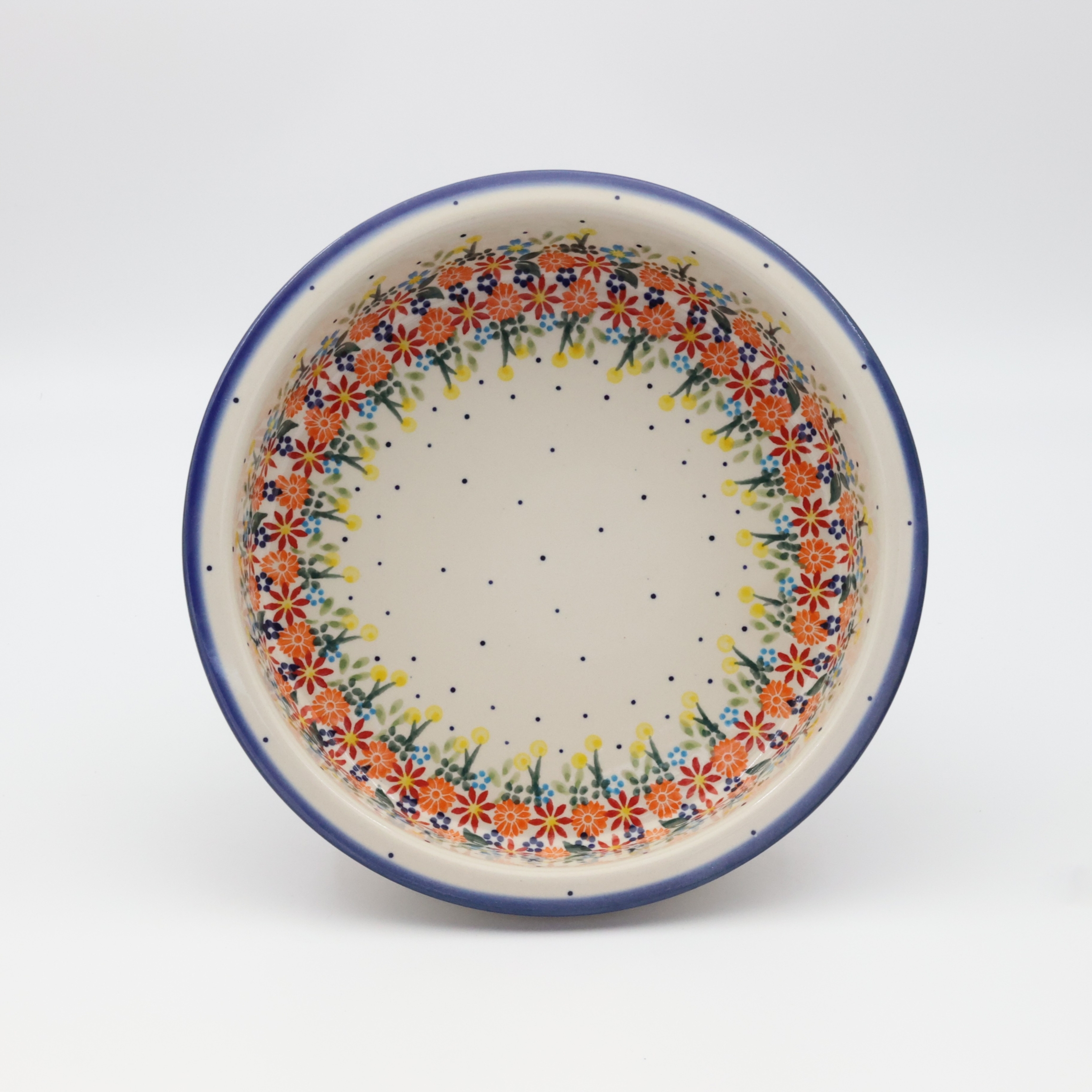 Round ceramic baking dish from Boleslawiec, authentic Polish pottery, hand painted stoneware cookware, handmade artisan ceramic dish for oven, microwave and dishwasher.