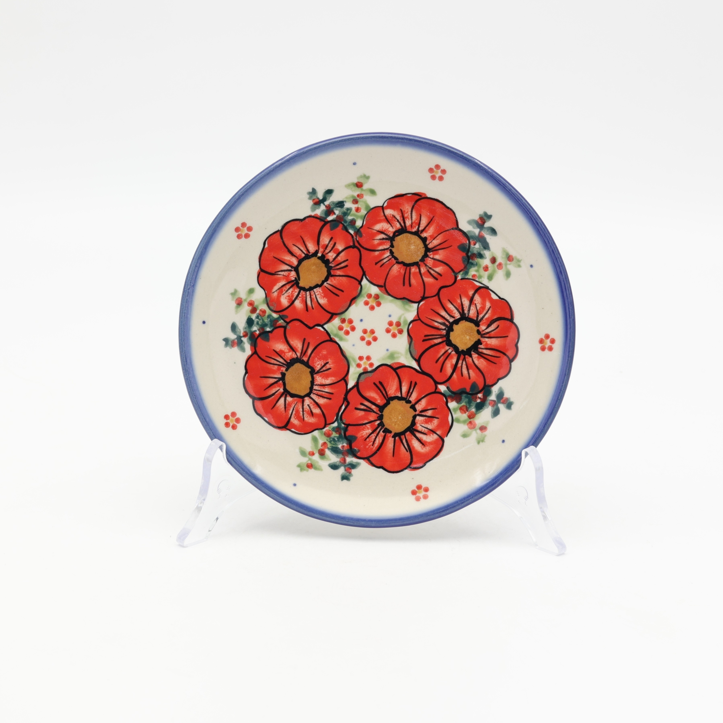 Hand-painted small dessert plate 16 cm made from traditional Bolesławiec pottery. Perfect for serving cakes, desserts, and snacks.